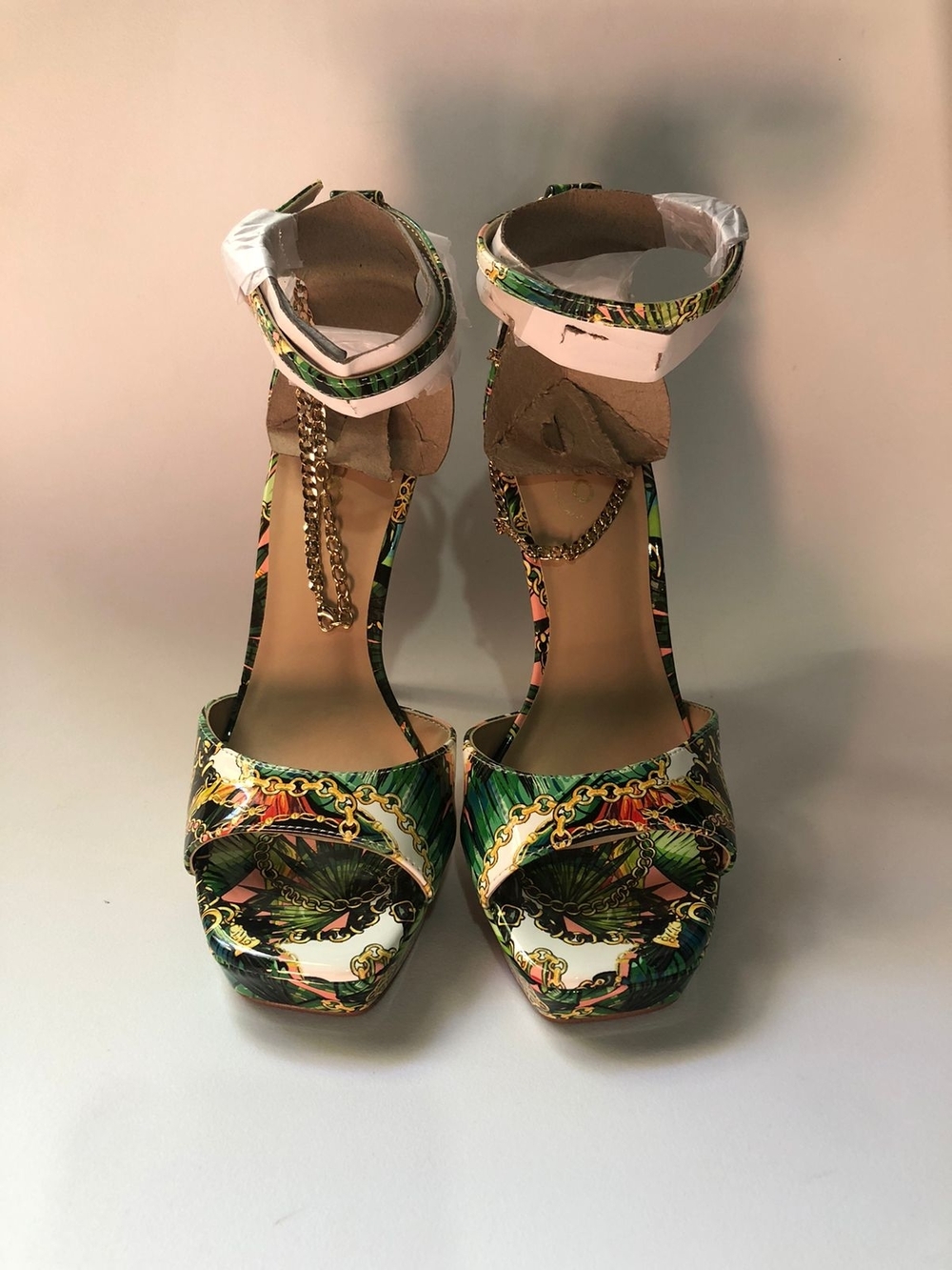 Tropical Green Print Ankle-Strap Heels with Gold Chain Detail
